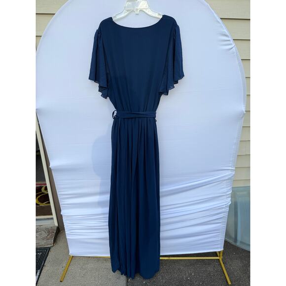 Baltic Born Navy Kristina Ruffle Short Sleeve Front Slit Belt Maxi Dress Sz 2X - Picture 9 of 9